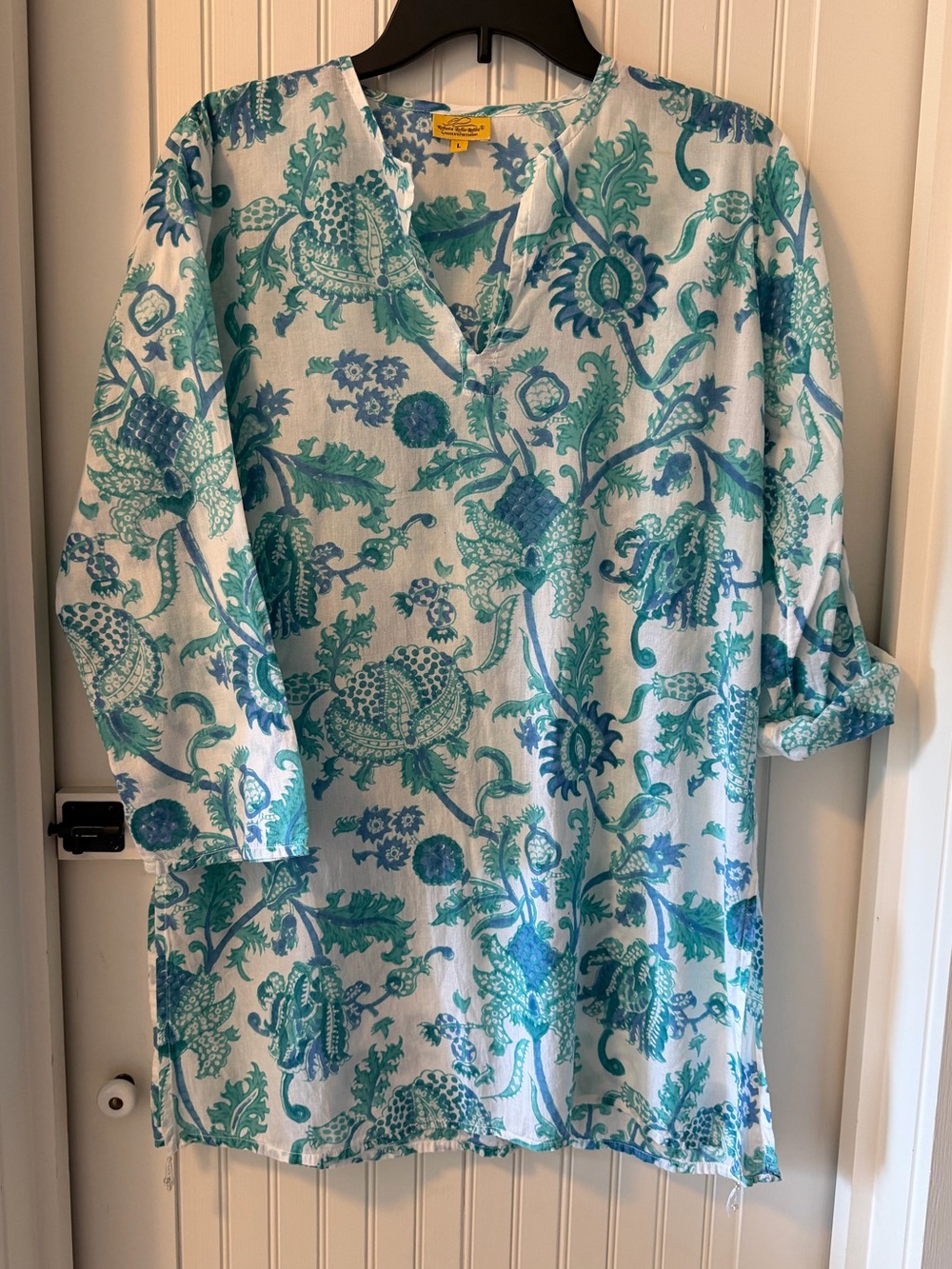 Roberta Roller Rabbit White Tunic or Cover-up with Blue & Teal Floral Print size